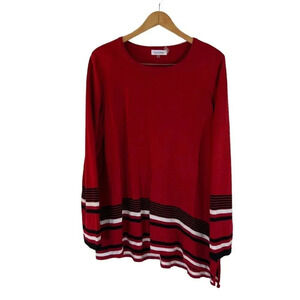 Calvin Klein Red Striped Sweater Tunic XL Slit Hem Black And White Trim Knit Top